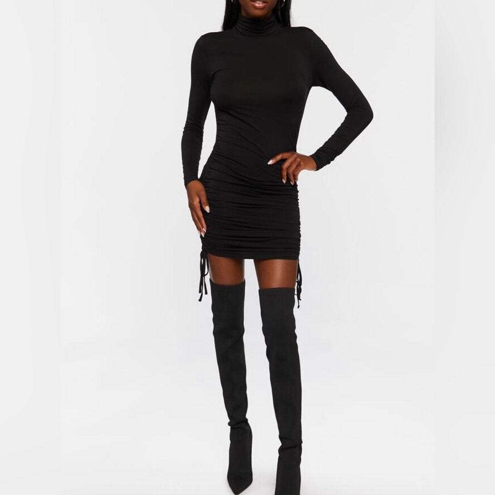 NWT forever 21 mock turtleneck knit black dress w side tie ruching size 0X